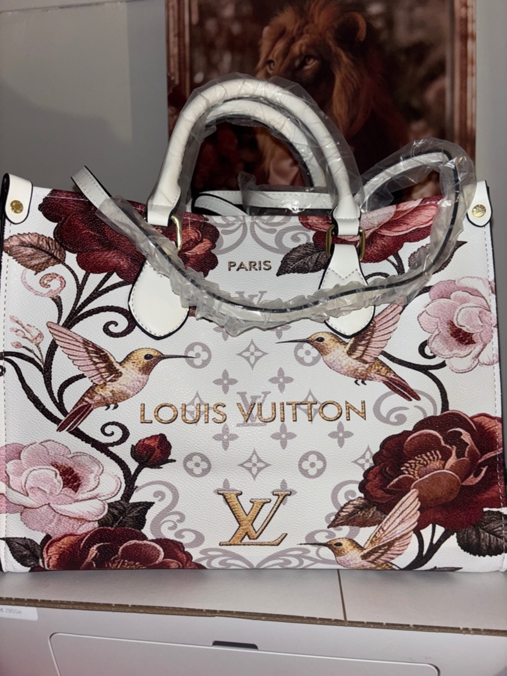Inspired ) Louis Vuitton White Floral Hummingbird Satchel with Burgundy Accents - Picture 5 of 8